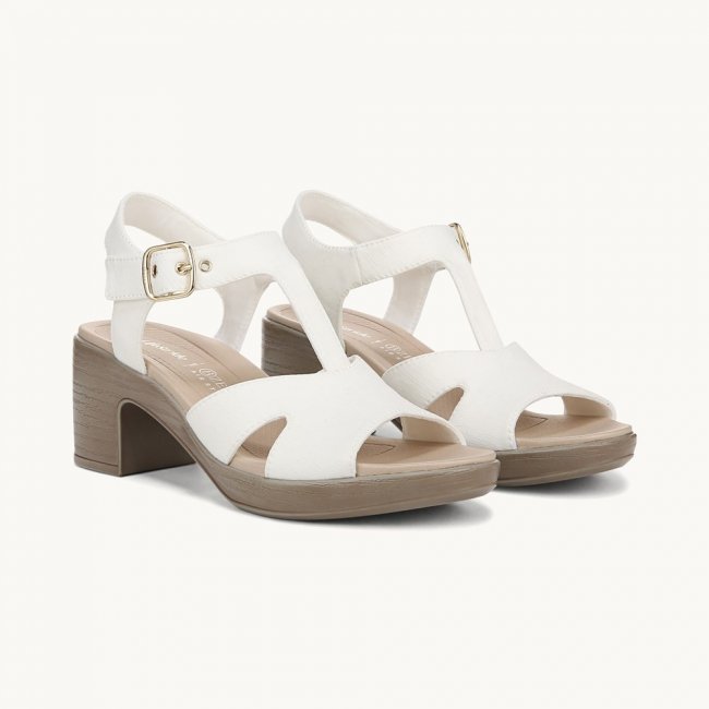 LifeStride Everly Block Heel Sandal - White Stretch Denim Fabric