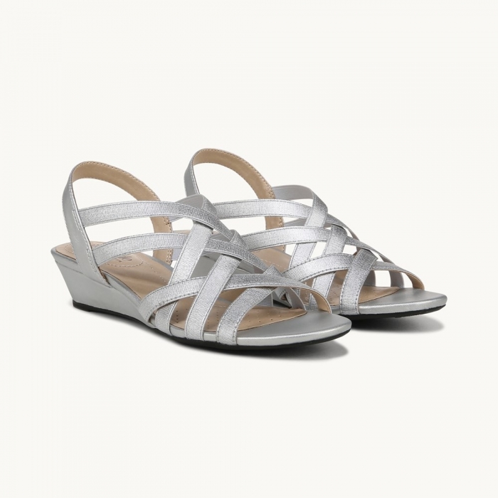 LifeStride Yung Strappy Wedge Sandal - Silver Faux Leather