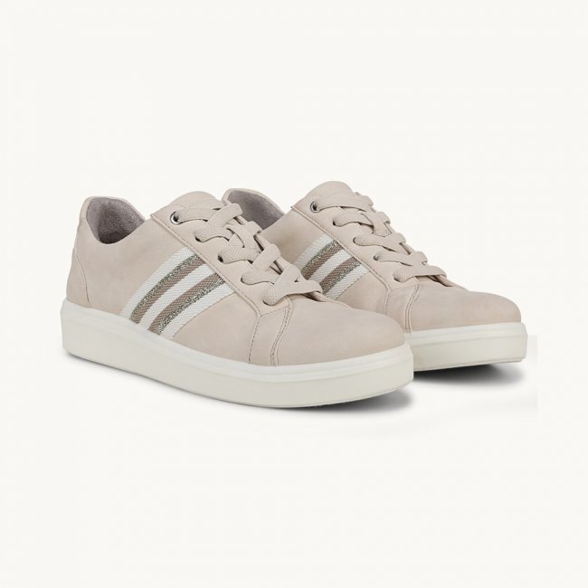LifeStride Happy Friday Lace Up Sneaker - Beige Stretch Faux Leather