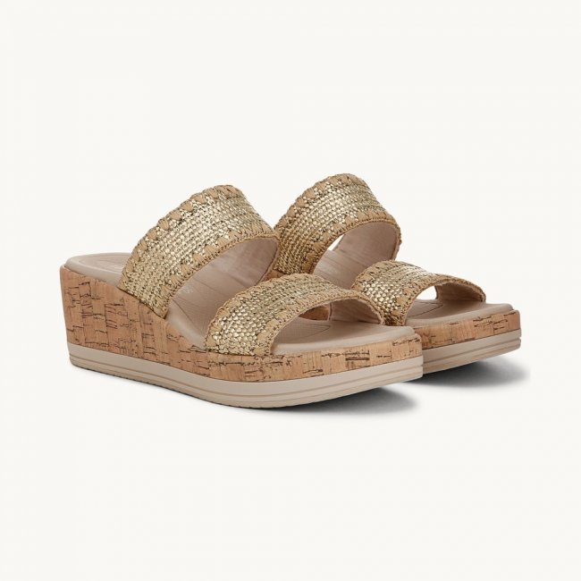 LifeStride Resort Wedge Sandal - Gold Stretch Raffia Fabric