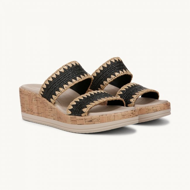 LifeStride Resort Wedge Sandal - Black Stretch Raffia Fabric