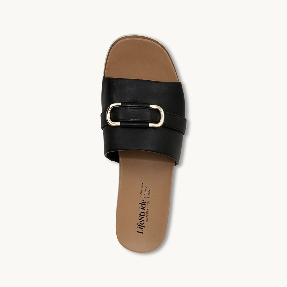 LifeStride Genevieve Flat Sandal - Black Faux Leather