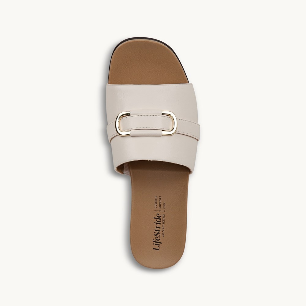 LifeStride Genevieve Flat Sandal - Creme Beige Faux Leather