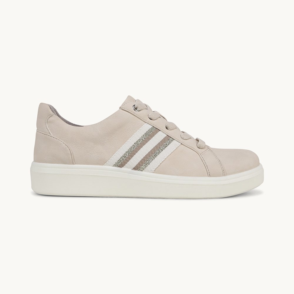 LifeStride Happy Friday Lace Up Sneaker - Beige Stretch Faux Leather