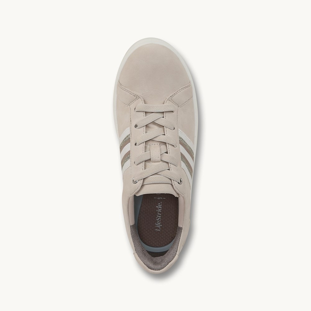 LifeStride Happy Friday Lace Up Sneaker - Beige Stretch Faux Leather