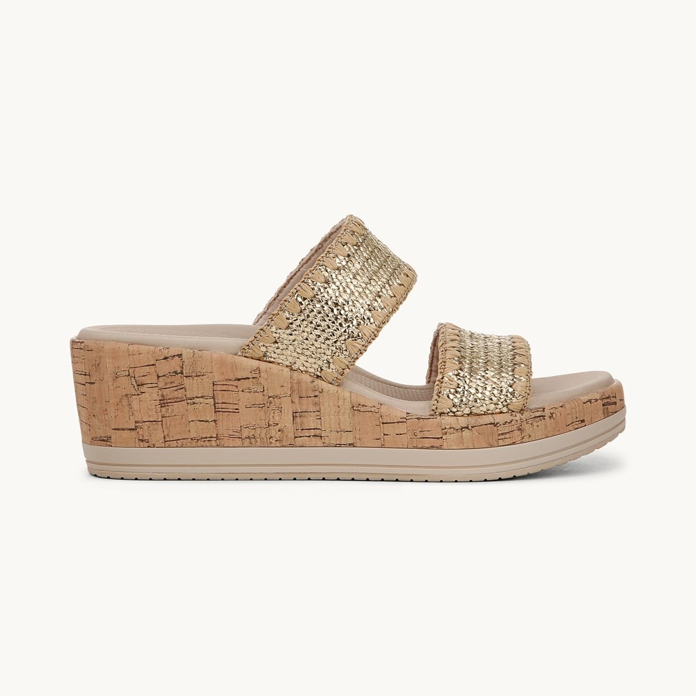 LifeStride Resort Wedge Sandal - Gold Stretch Raffia Fabric