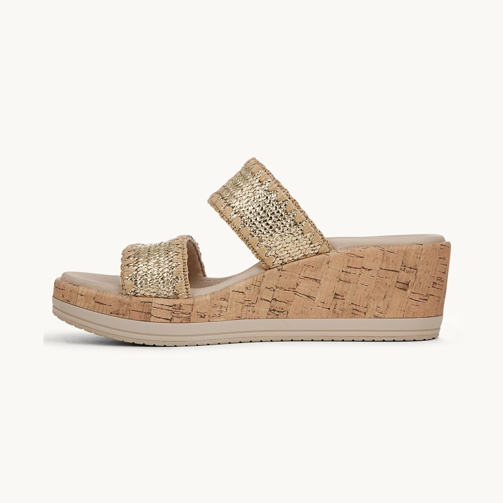 LifeStride Resort Wedge Sandal - Gold Stretch Raffia Fabric