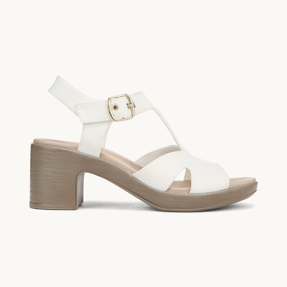 LifeStride Everly Block Heel Sandal - White Stretch Denim Fabric