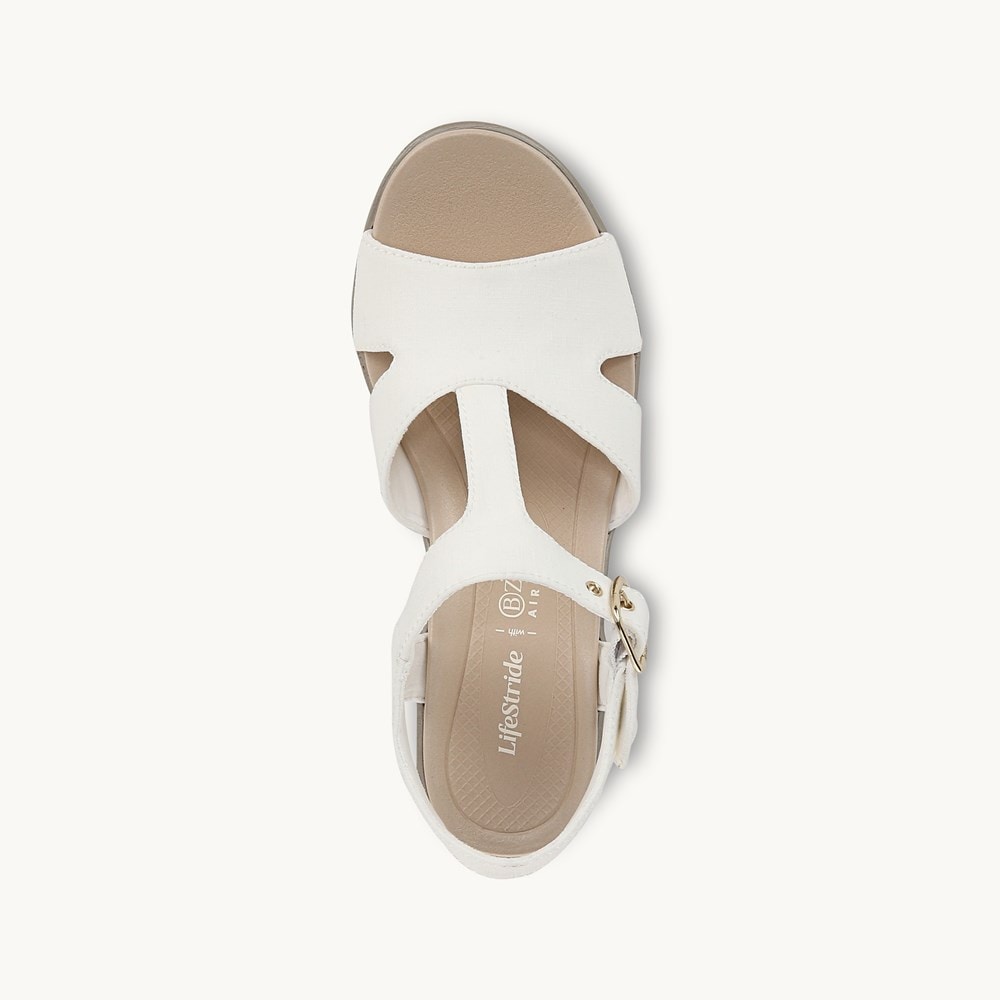 LifeStride Everly Block Heel Sandal - White Stretch Denim Fabric