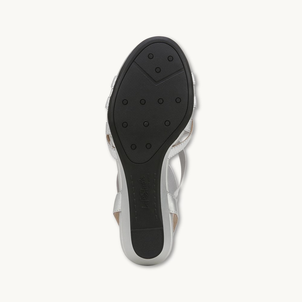 LifeStride Yung Strappy Wedge Sandal - Silver Faux Leather