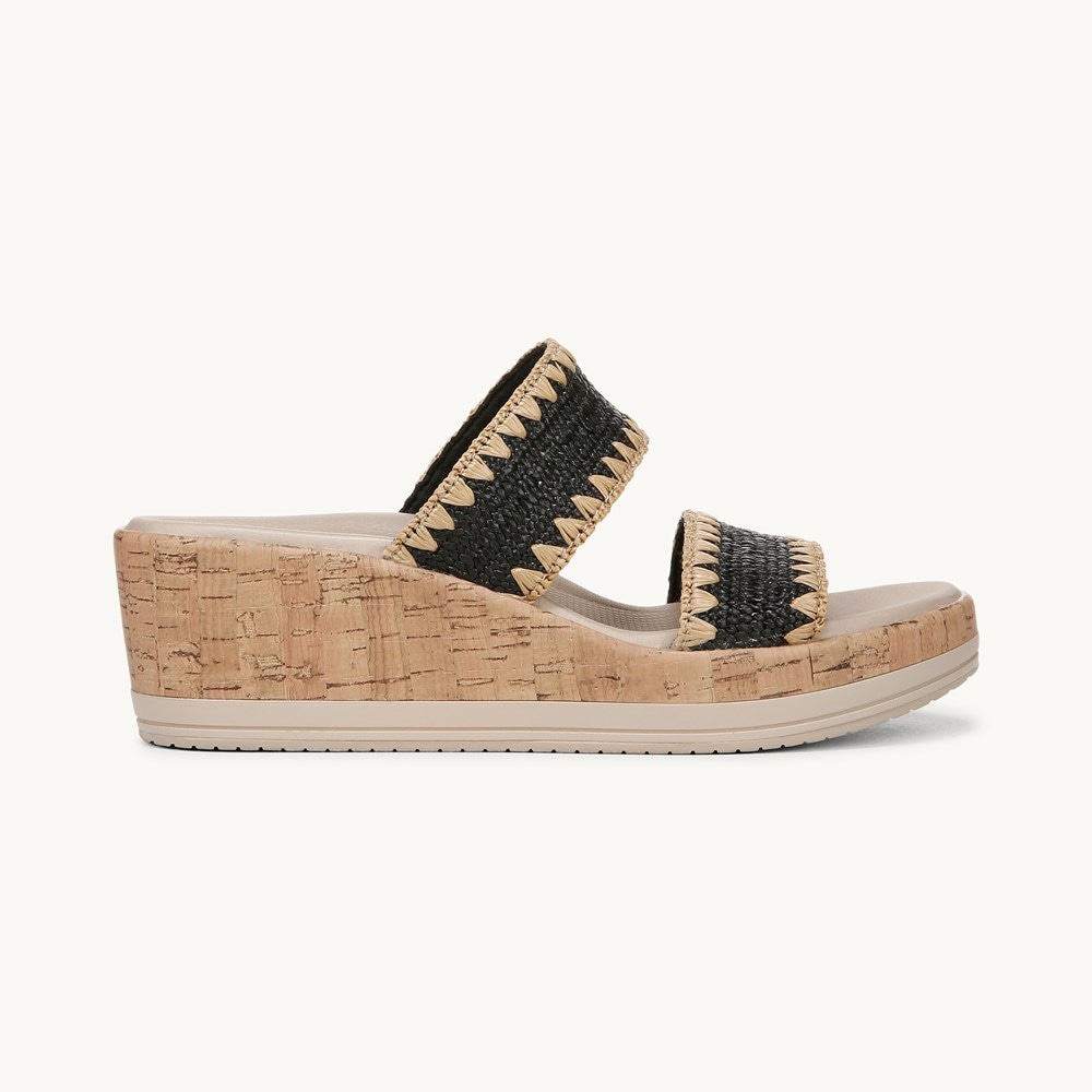 LifeStride Resort Wedge Sandal - Black Stretch Raffia Fabric