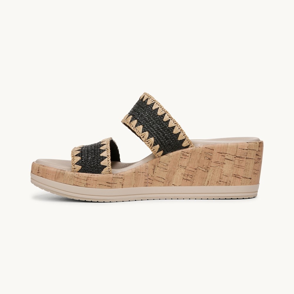 LifeStride Resort Wedge Sandal - Black Stretch Raffia Fabric